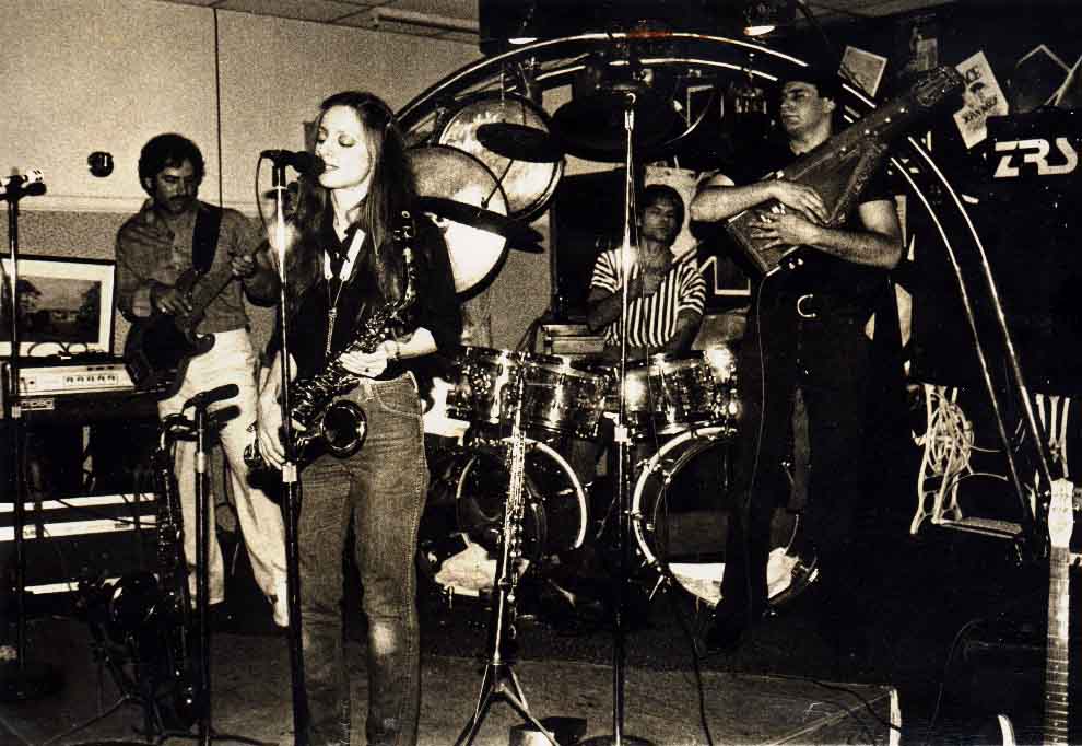 Lft to Rt:Even Steven Levee (bass); Minny Rose Zampino (sax); Rich Smith (drums); Larry Zampino (autoharp) with ZRS Band (hudson Valley, NY 1983)